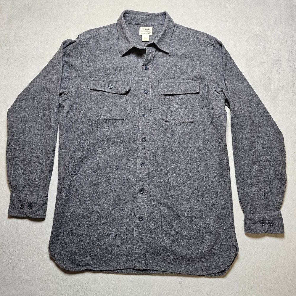 LL Bean Mens L-Tall Slightly Fitted Flannel Shirt Charcoal Gray Heather